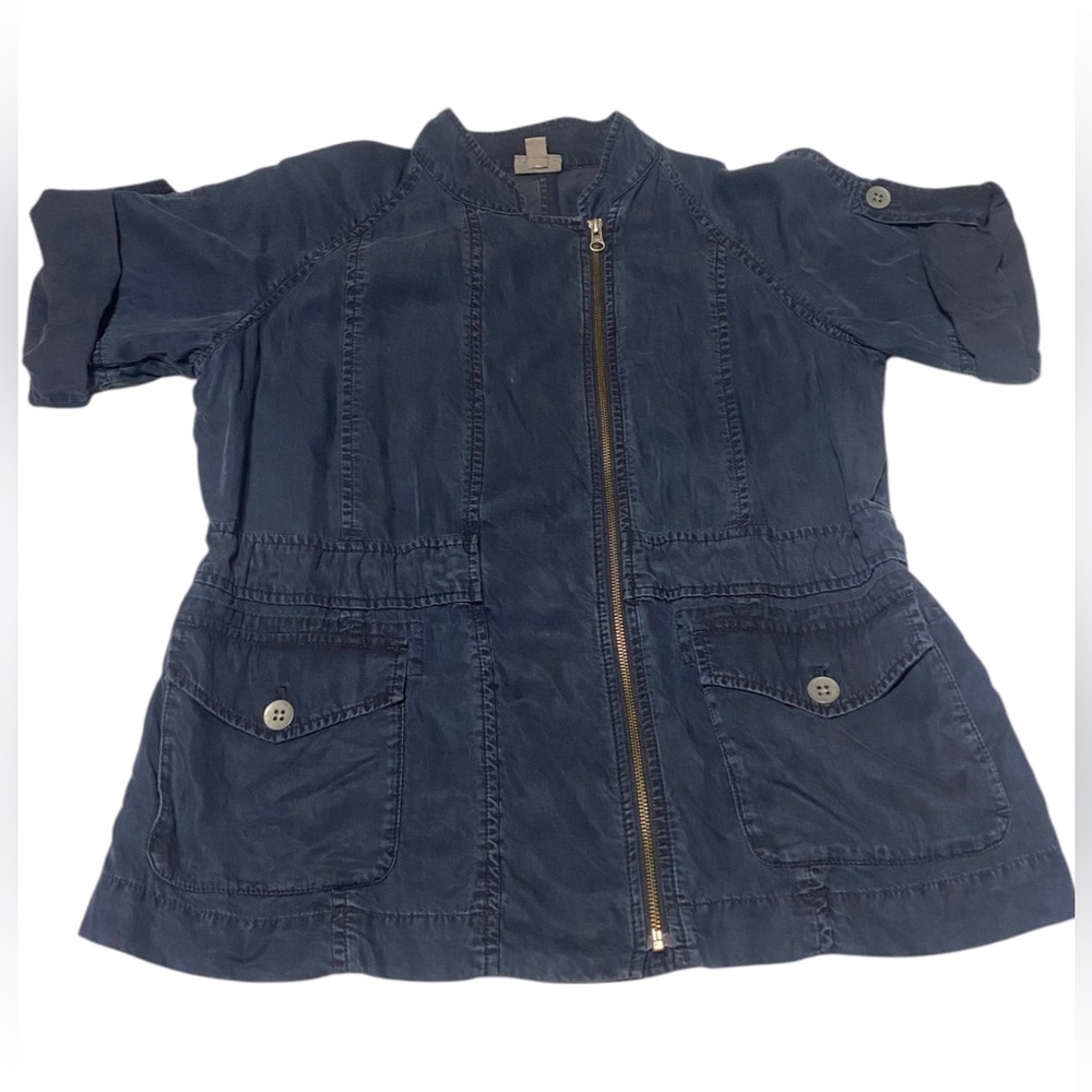 J. Jill Zip Up Top Women's Medium Short Sleeve Navy Blue Pockets Buttons Comfort